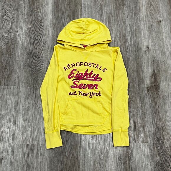 Vintage 00s Y2K Aeropostale 87 Yellow Spellout Pullover Hoodie Women's Sz Small - Picture 1 of 5